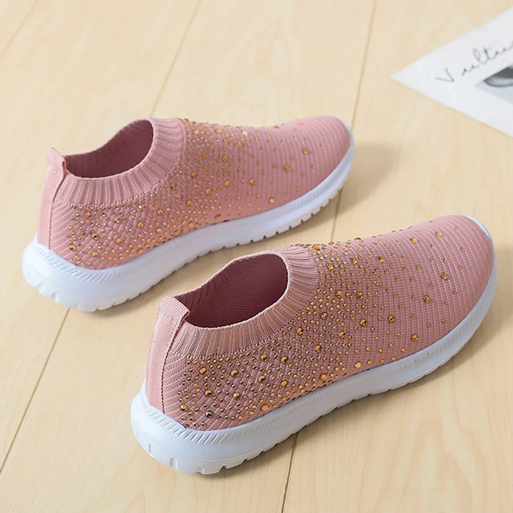 Женские кроссовки без застежки повседневные блестящие носки прогулочная обувь