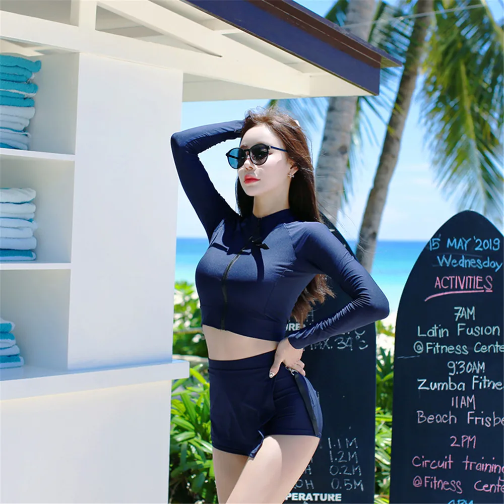 Женский купальник с длинным рукавом однотонный пуш-ап высокой талией шорты юбка