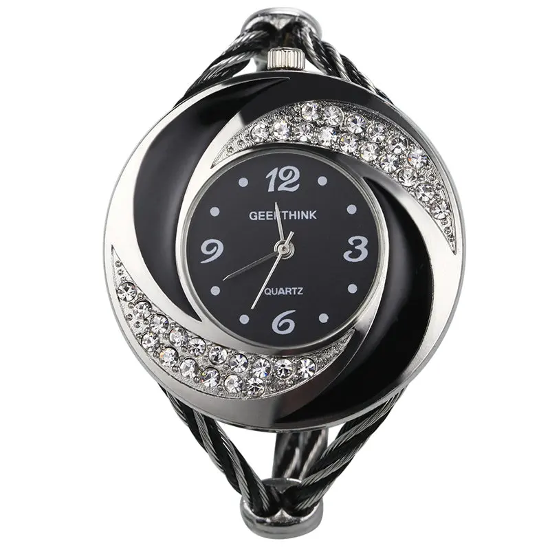 Silver Black Модные стразы, бриллианты, в стиле вихря, стальное переплетение, платье, наручные часы для женщин и девушек, дамский браслет, кварцевые часы - Цвет: Silver Black
