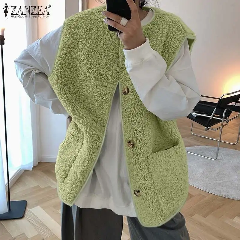 

ZANZEA Women Harajuku Autumn Warm Outwears Faxu Lamb Wool Vest 2022 Casual Solid Sleeveless Loose Coats Oversized Button Jackets
