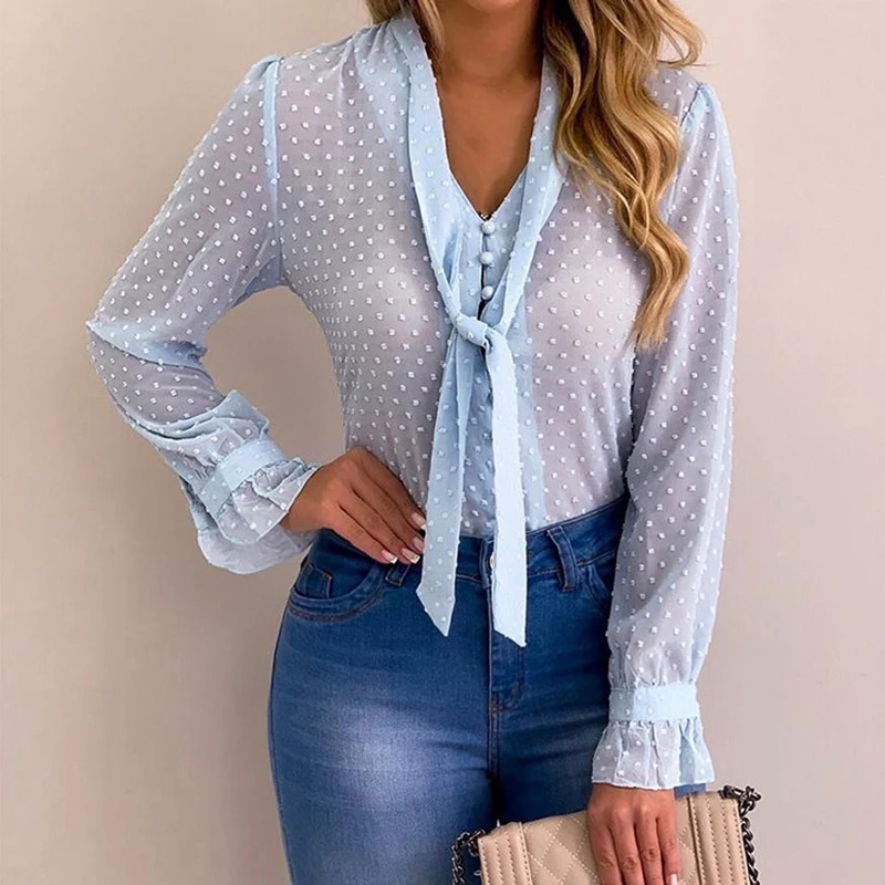 

Summer Women Fashion Button Tie Bow Long Sleeved Lantern Sleeve Printed V Neck Top Perspective Office Blouse