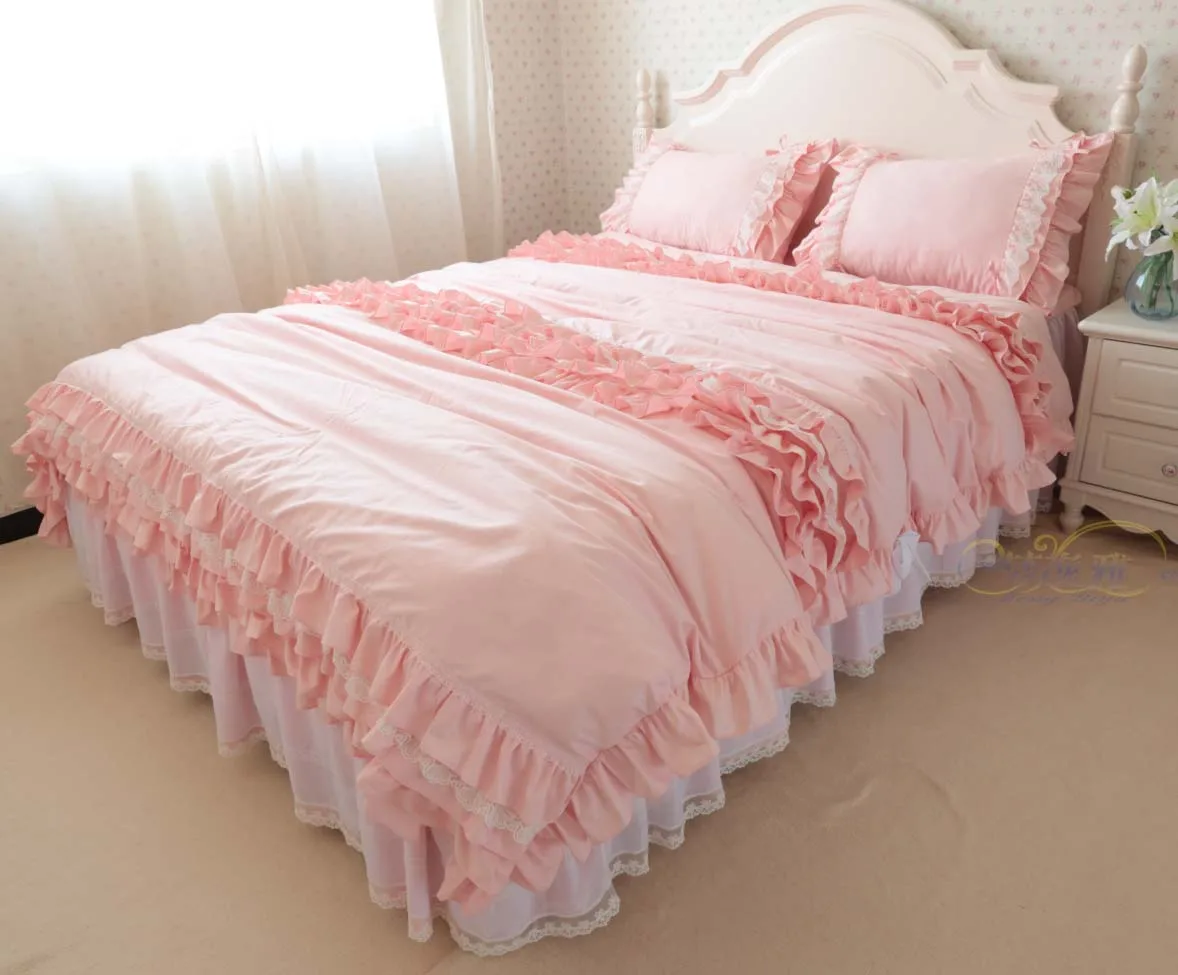 Комплект постельного белья розовый хлопок саржа Корейская принцесса оборки слой