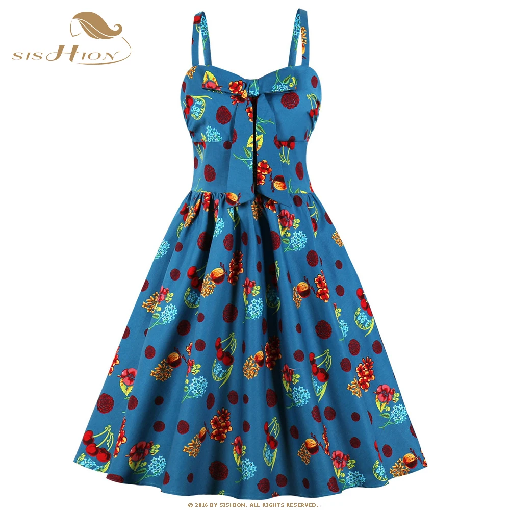 

SISHION Sleeveless Summer Women Cotton Dress VD1491 A Line Swing Cherry Floral Print Black Ladies Pin Up Vintage Dress 50s 60s