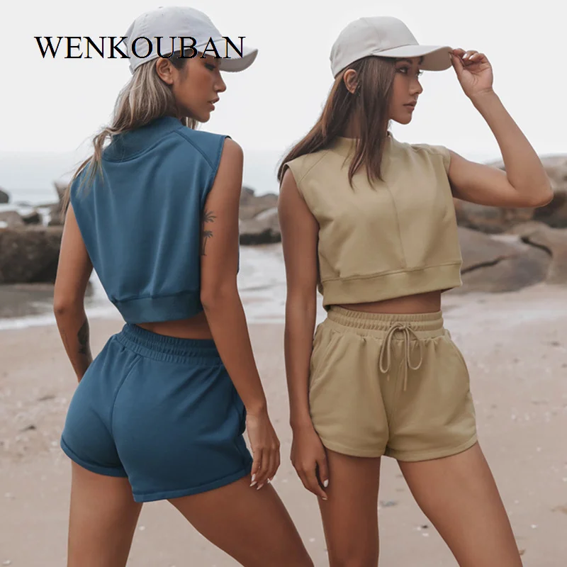 

Casual Tracksuit Sets Women Two Piece Summer Shorts Sets Ladies Sleeveless Sweatshirt Fitness Outfits Female Sporty Suits
