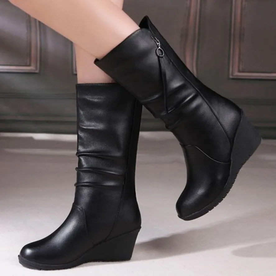 

Winter Warm Fur Boots Womens Boots High Heels Side Zipper Female Shoes Black Woman Boots Shoes Wedge Boots Shose Women