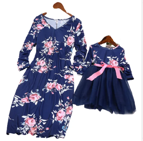 Платье с длинным рукавом для мамы и дочки цветочным принтом | Мать ребенок