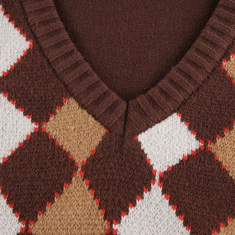 

Women Brown Argyle Knitted Vest Vintage V-Neck Sleeveless Slim Cropped Sweater D08E
