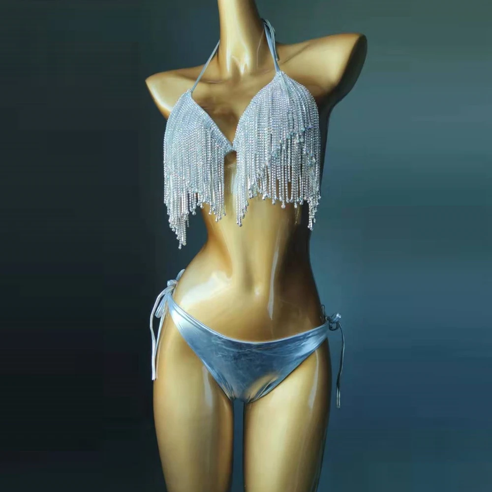 2020 Sexy Summer Women Summer Swinwear Sliver Gold Diamond Blink Tassel Bodysuit Bikini Two 2 Pieces Sandy Beach Party Wholesale