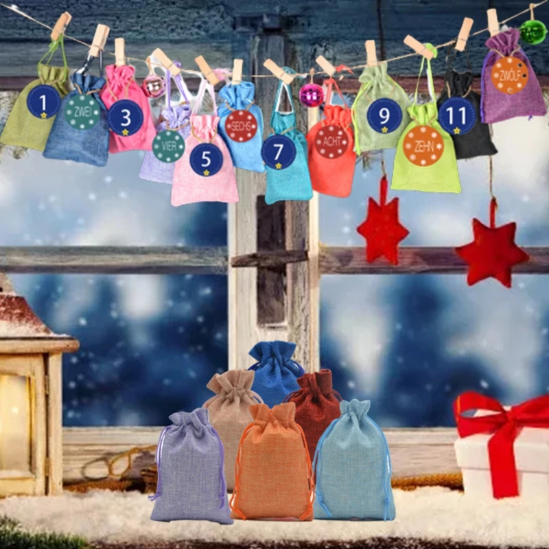 

2021 Colorful Christmas Advent Calendar 24 Days Hanging Drawstring Candy Bags with Stickers Handmade DIY Sacks Reusable
