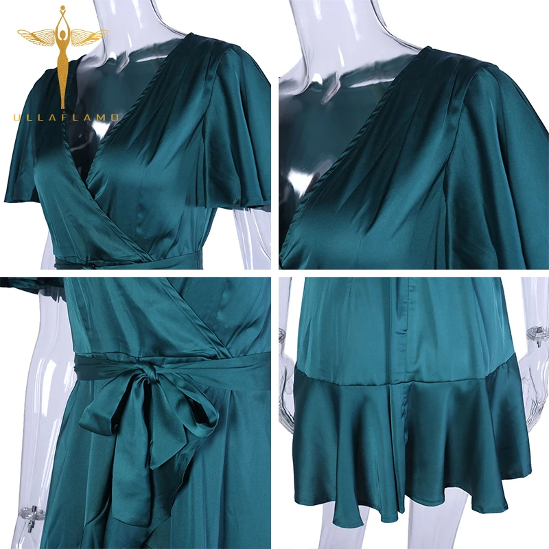 

French Deep V-Neck Ruffled Satin Women Mini Dress Lace-Up Short Sleeve Pullover Female Basic Dress Irregular Dress High Street