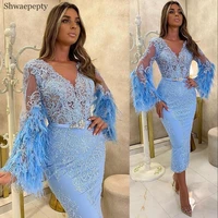 shwaepepty short sky blue feather evening dress full sleeves appliques lace v neck tea length prom dress cocktail party wear