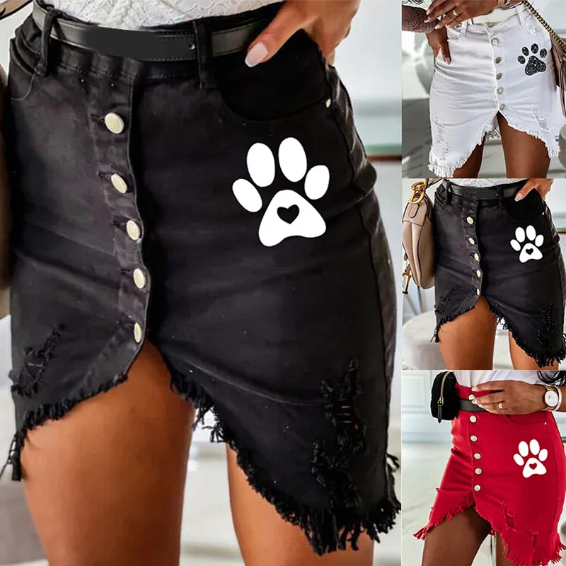 

Summer Print Irregular Denim Women Mini Skirt Hole High Waist Single Breasted Female Skirts Solid Streetwear Fashion Lady Bottom