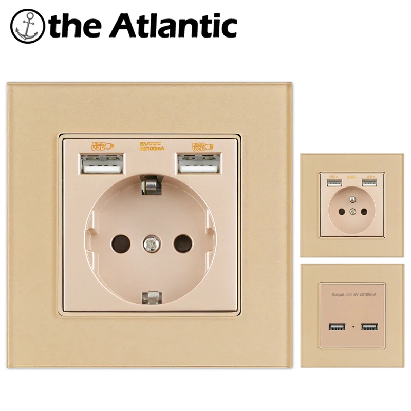 Настенная розетка Atlectric EU FR европейская из закаленного стекла с двойным USB портом