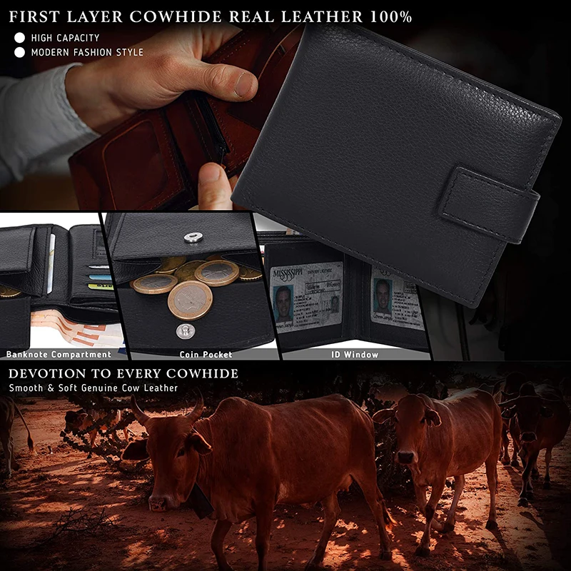 Lychee Pattern Genuine Leather Wallet Buckle Multi Card Slot Large Capacity RFID Men's Wallet with ID Window And Coin Purse