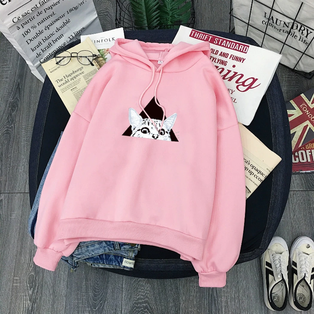 Kawaii, Женская мультяшная толстовка с капюшоном, милые толстовки с принтом кота, Осень-зима, с длинным рукавом, свободная уличная одежда, пуловер, топы