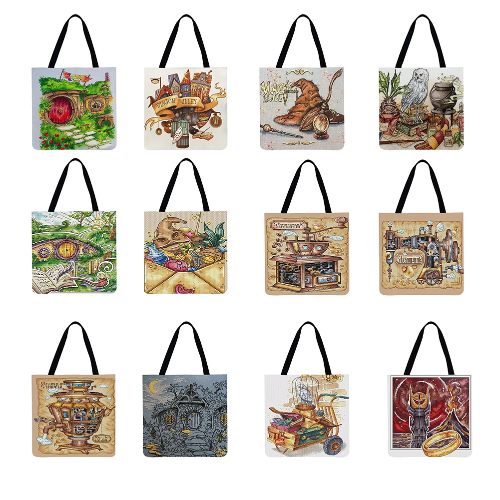 

Повседневная вместительная сумка-тоут, льняная Экологически чистая многоразовая дамская сумочка для покупок с принтом и вышивкой