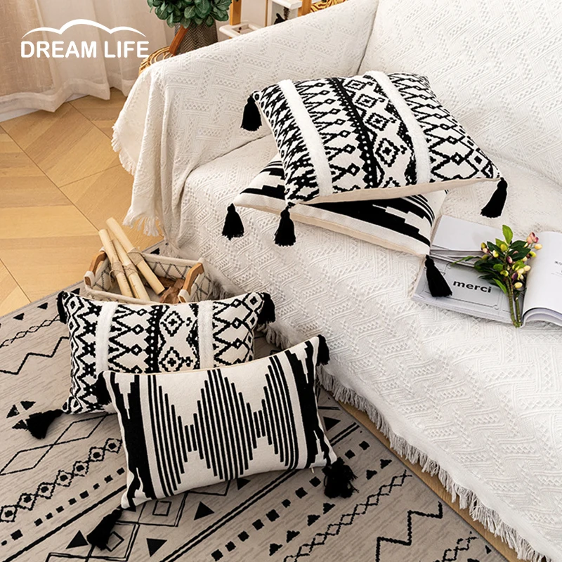 

Black White Cotton Jacquard Cushion Cover 45x45cm/30x50cm Tassels Pillow Cover Livingroom Sofa Bed Home Decoration PillowCase