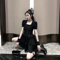 japanese vintage harajuku elegant dark black dresses 2020 summer sweet sexy lace up slim square collar puff sleeve dress female