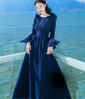 free shipping elegant 2017 spring new arrival corduroy flare sleeve woman long dress