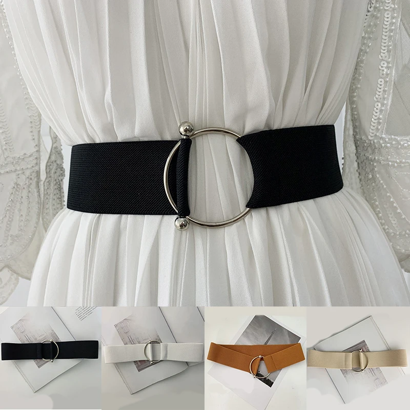 

Fashion Elastic Solid Color Wide Waist Belt With Round Metal Buckle Waistbands Chain Women Skirt Dress Coat Accessories New