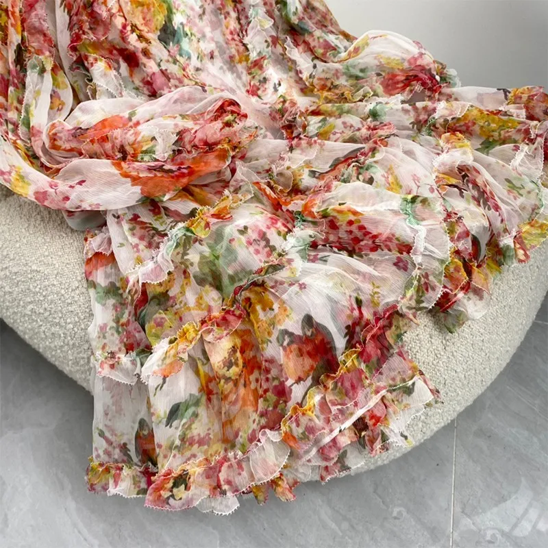 

2021 Summer Fashion High Quality Silk A-line Colorful Floral Print Long Sleeve Tiered Ruffle Women Mini Dresses