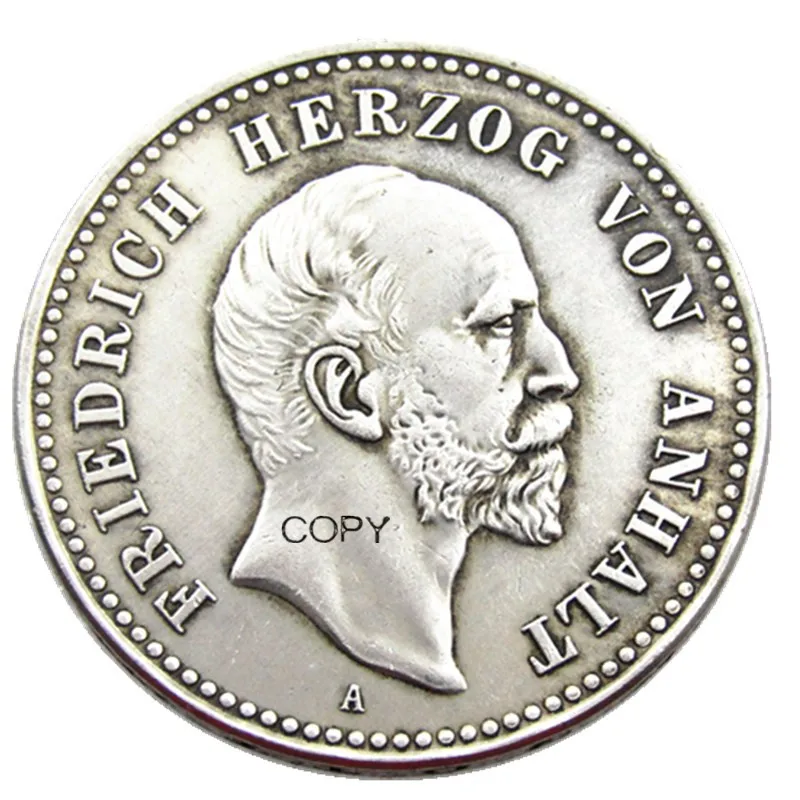 

GERMAN 1896 ST. Anhalt-Dessau Friedrich I 5 Mark Silver Plated Copy Coin