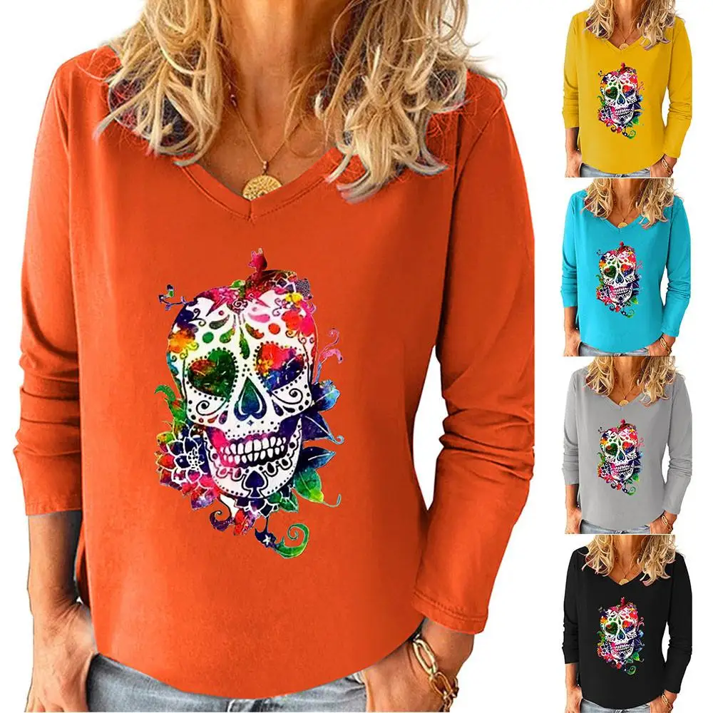 

Women Halloween Theme V Neck Printed T Shirt Pullover Long Sleeve Casual Tee Tops Plus Size