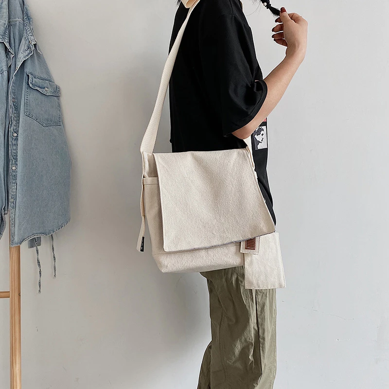 

Fashion Solid Canvas Messenger Satchel Bags Buckle Casual Portable Shoulder Bag Korean Trend Simple Pack For Women/Men Gift
