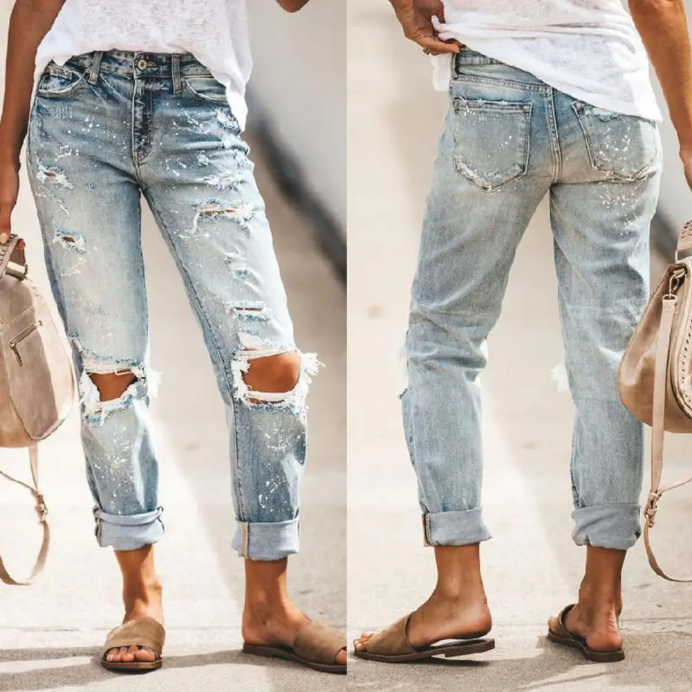 

Ripped Holes Women Jeans Mid Waist Denim Zipper Button Straight Pencil Jeans Streetwear