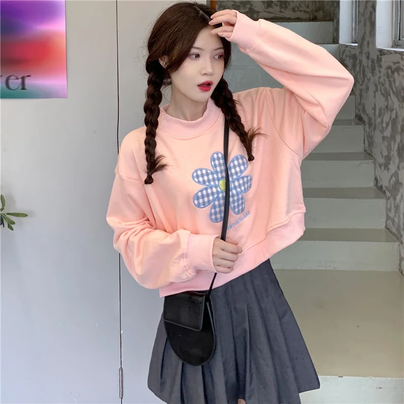 

Fashion All-match Streetwear Sweatshirts Embroidery Floral Pullovers Korean Clothes New Spring/Autumn Oversize Women's Clothing