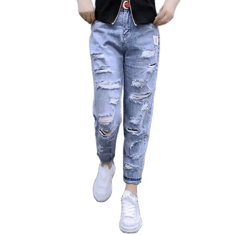All-Match Hole Jeans Women  Spring Summer High Waist Ladies Straight Leg Pants Wide Leg Pants Stretch Cropped Female Trousers