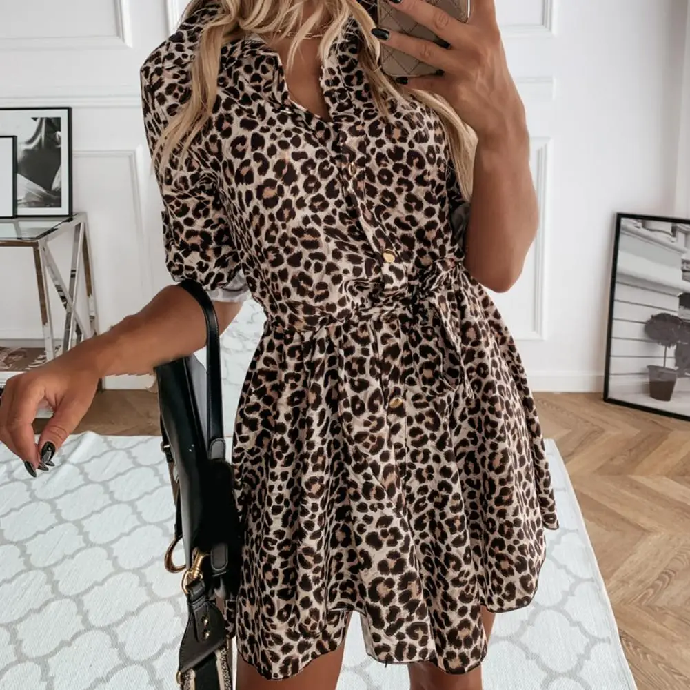

50% HOT SALESï¼ï¼ï¼Women Autumn Turn-down Collar Leopard Patchwork Print Long Sleeve Mini Dress