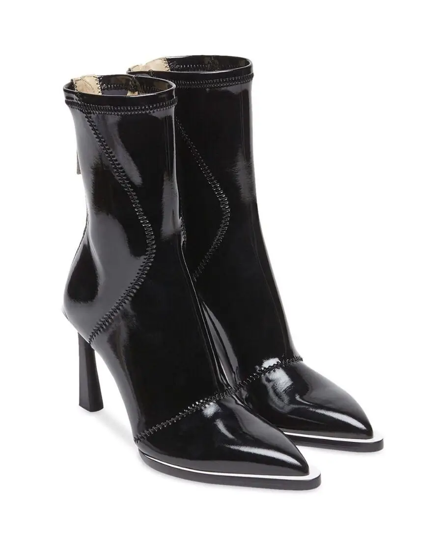 Пикантные женские черные ботинки ботильоны с острым носком на высоком каблуке Прошитые Клубные из