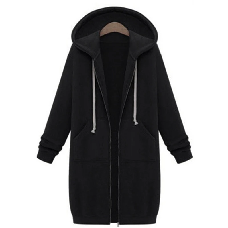 

2021 Autumn Casual Women Long Hoodies Sweatshirt Coat Zip Up Outerwears Hooded Jacket Winter Pockets Plus Size Outwear Tops