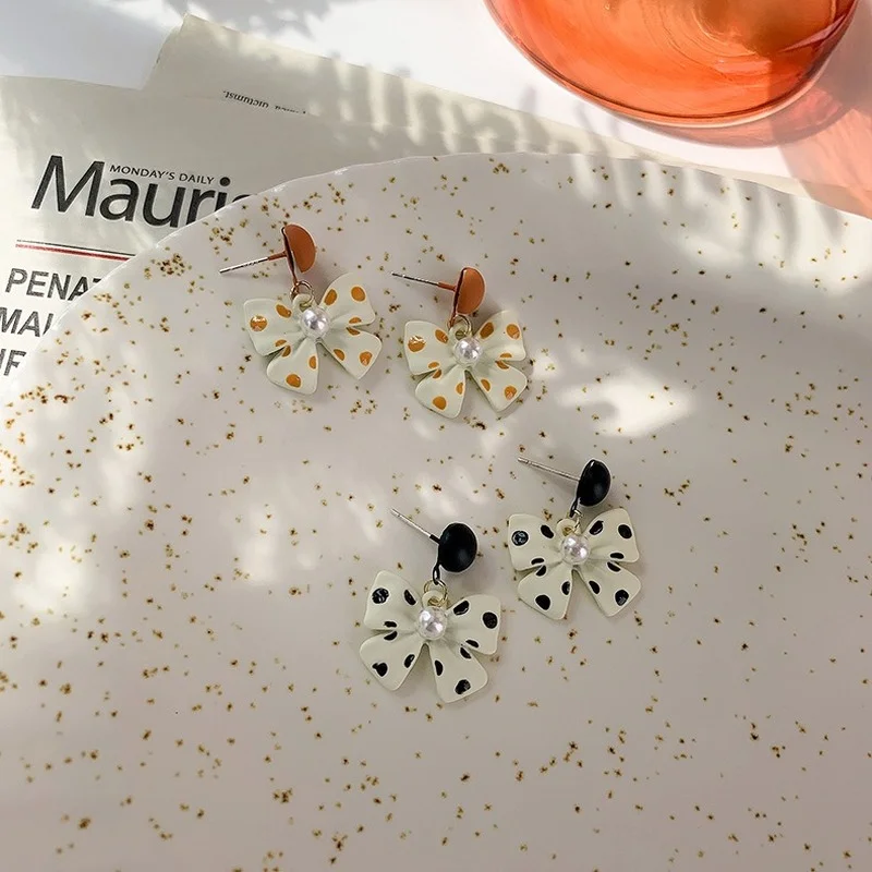 

LOVOACC Korean Elegant Polka Dot Orange Black Bowknot Dangle Earring for Women Elegant Metallic Simulated Pearl Earring Gifts