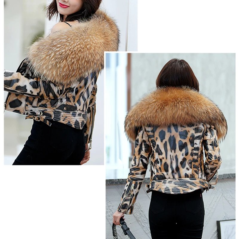 Женская Короткая кожаная куртка пальто из натуральной овечьей кожи леопардового