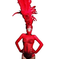 red mesh gauze perspective rhinestones bodysuit with headgear women feathers headwear personality performance costume ladies