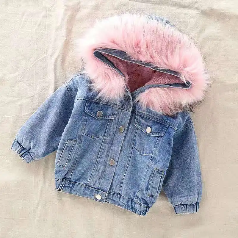2019 Winter Baby Girl Denim Jacket Plus Velvet faux Fur Warm Toddler Outerwear Coat 1-8 Years Kids Parka girls coat | Детская одежда и