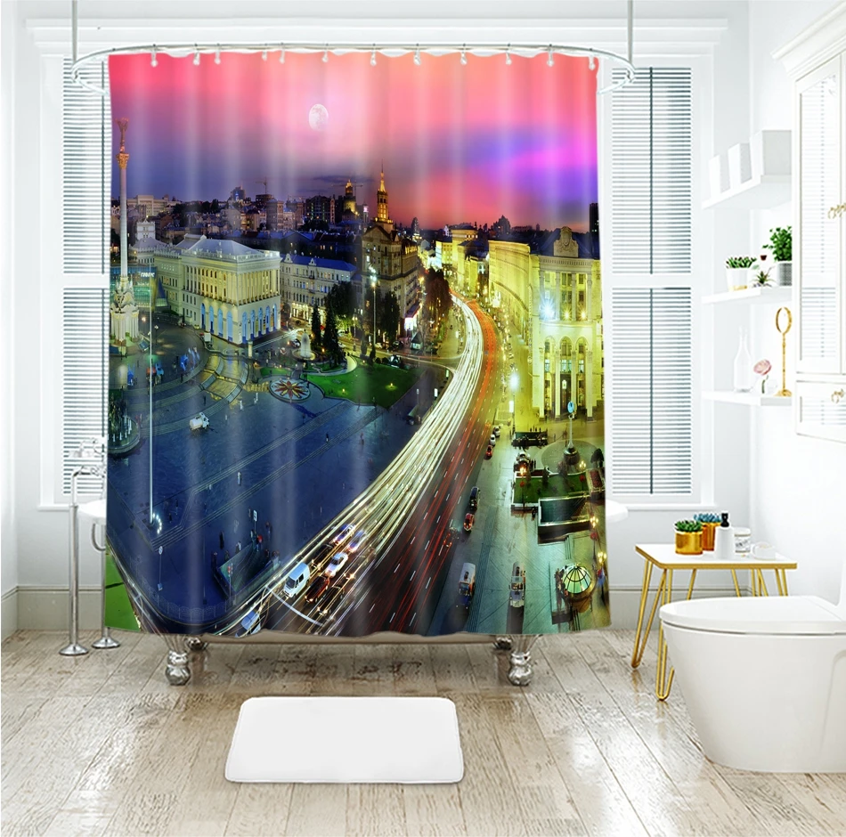 3d красочный город и высокое здание красный автобус занавески для душа