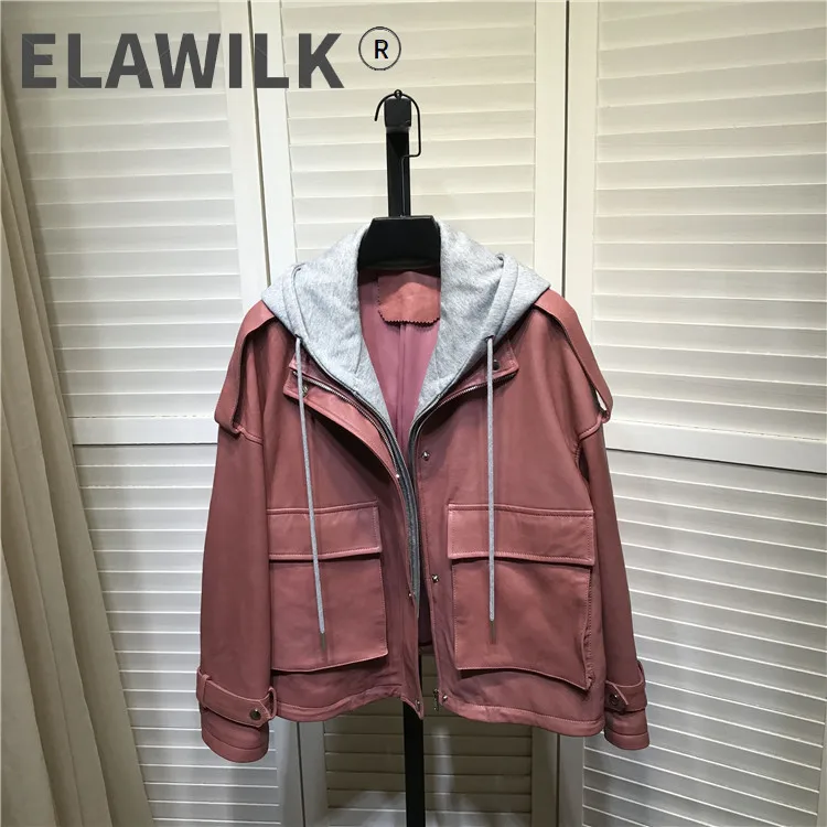 

2021 Spring autumn Fashion women's hooded Pink color genuine leather jackets brand new high quality loose leather coat B637A