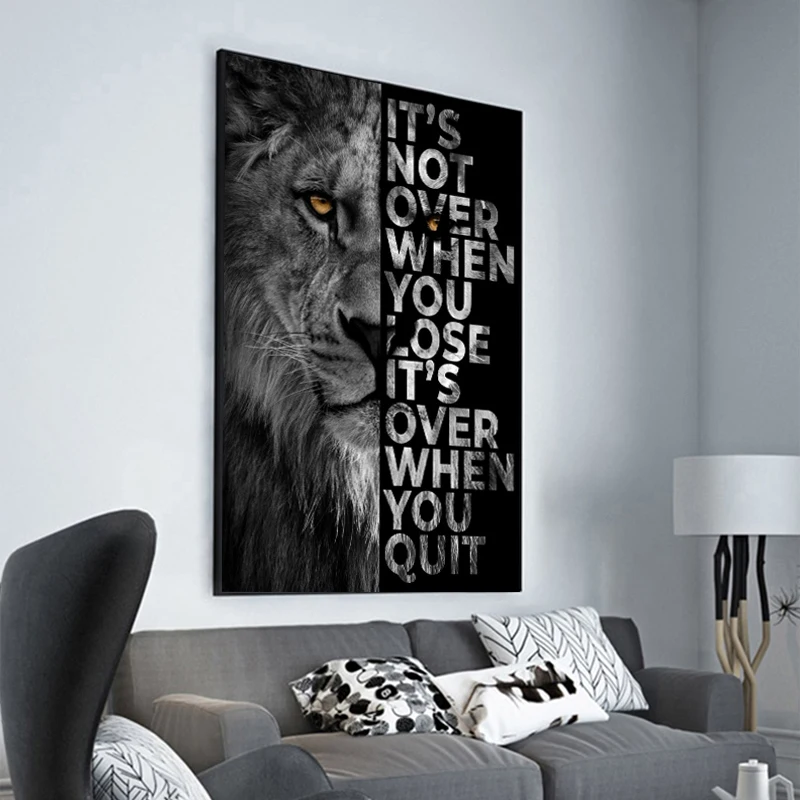 

Animal Wall Decor Painting Lion Poster Its Over When You Quit Insparing Phrase Canvas Prints for Home Office Wall Decor