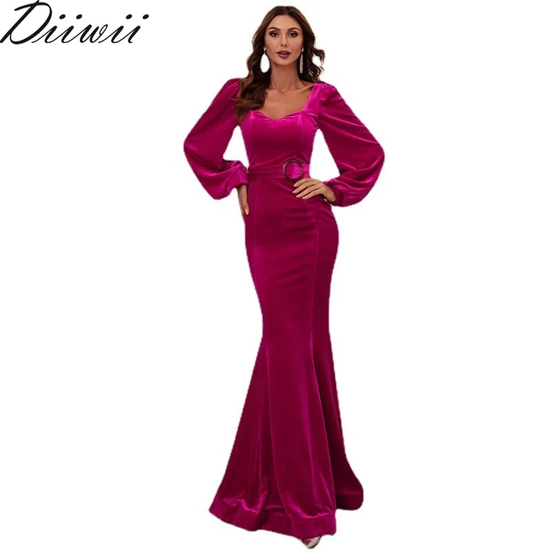 

Diiwii 2021 Spring New Long Fishtail Red Velvet Banquet Temperament Evening Dress Skirt Female Long Sleeves