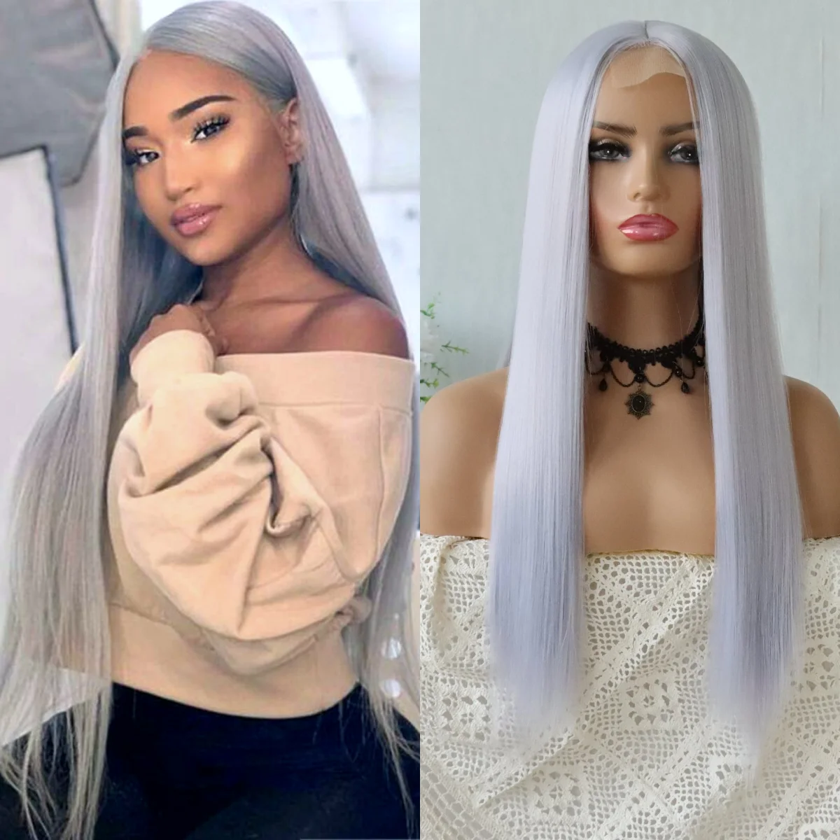 

Light Gray Synthetic Lace Wigs Long Straight Heat Resistant Grey Wig Natural Hair Wigs for Women Cosplay Party Daily Wear 22inch