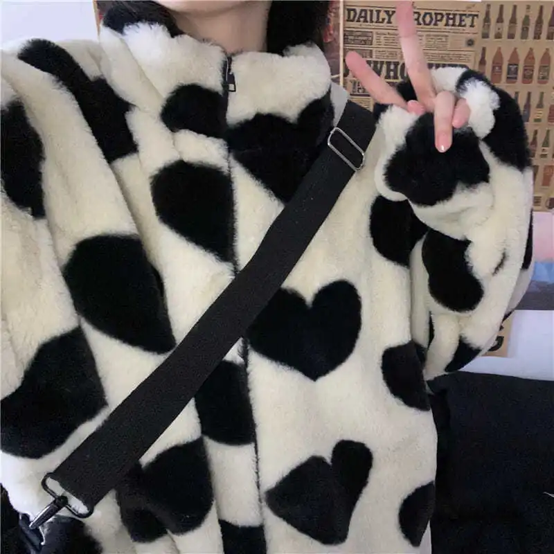 Gothic Faux Fur Coats Parkas Autumn Winter Thick Jacket Casual Fashion Lamb Fluffy Sweet Korean Loose Heart Pattern Warm Parka