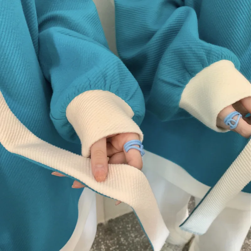 Женская осенне-зимняя Свободная рубашка контрастных цветов с капюшоном и