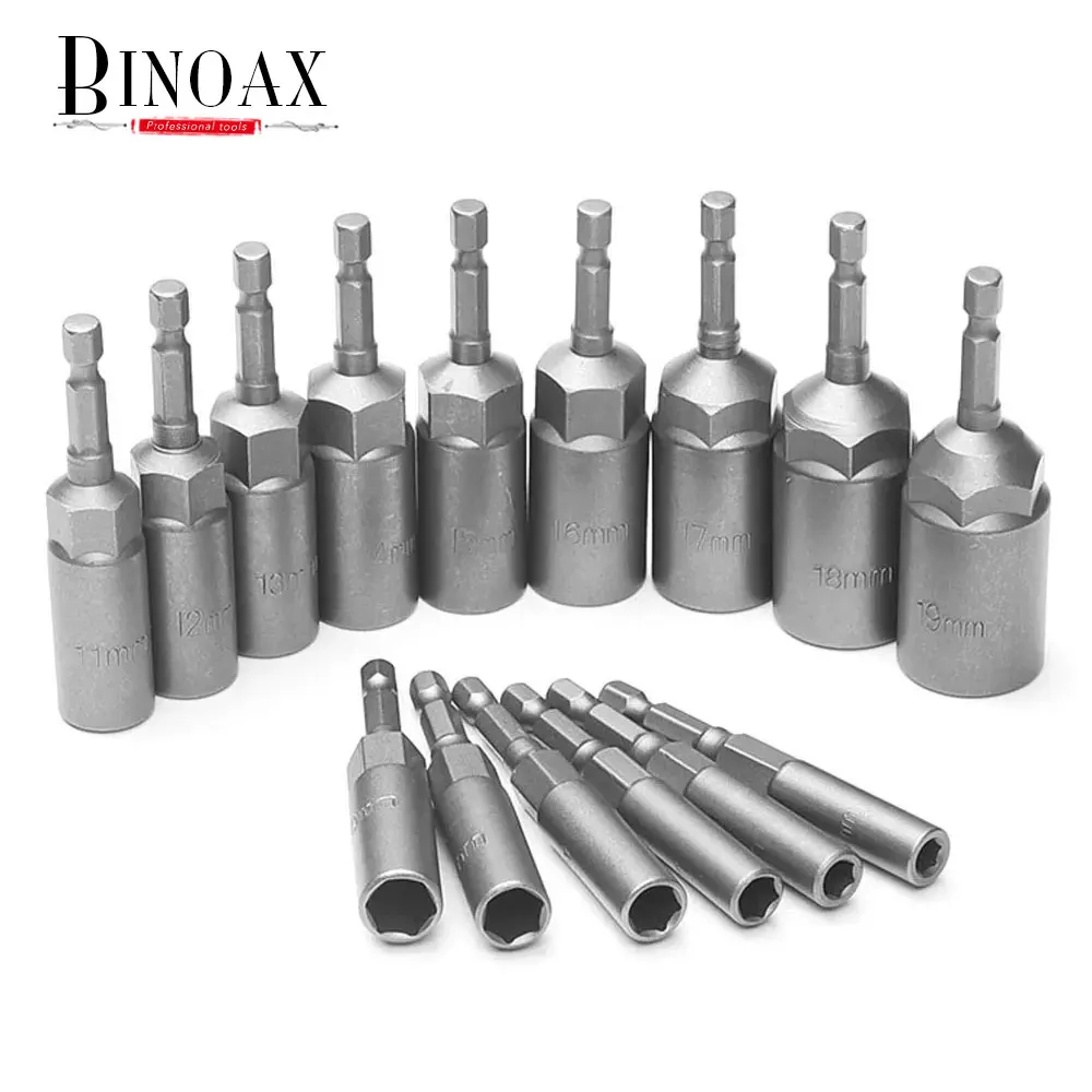 

10/15 Pcs 80mm Length Deepen Power Nut Driver Drill Bit Set 5.5-19MM Impact Socket Adapter For Power Tools 6.35MM Hex Shank