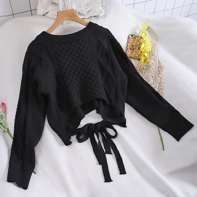 

femininas Women short bow bandage Sweaters 2021 New black Sweater Jumpers Candy Color Harajuku Chic Short Sweater Twisted Pull