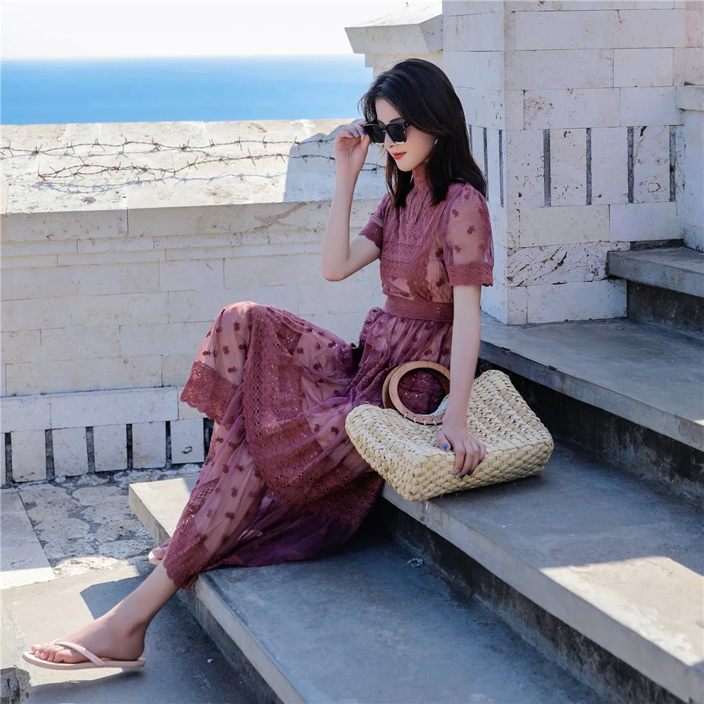 

High Quality Summer Fashion Beach Lace Mesh Embroidery Women Dresses Dot Party Bodycon Casual Dresses Vintage Luxury Dresses