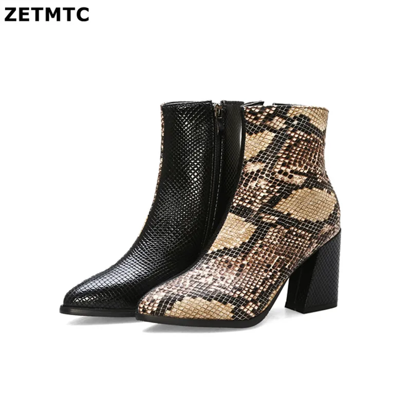 

Print Snakeskin Booties Women Ankle Boots Zip Pointed Toe Footwear Thick High Heels Female Snake Boot Women 2019 New