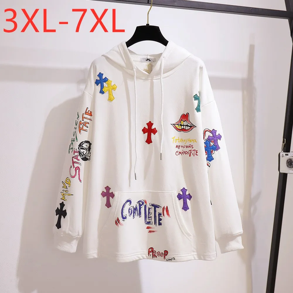 

New Autumn Winter Plus Size Women Clothing Hoodie Large Long Sleeve Loose Cotton Print White Sweatshirt Coat 3XL 4XL 5XL 6XL 7XL